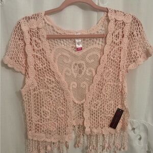 Gorgeous Pink Crochet Cardigan, Heart Design on Back, Amazing Dangles, NWT